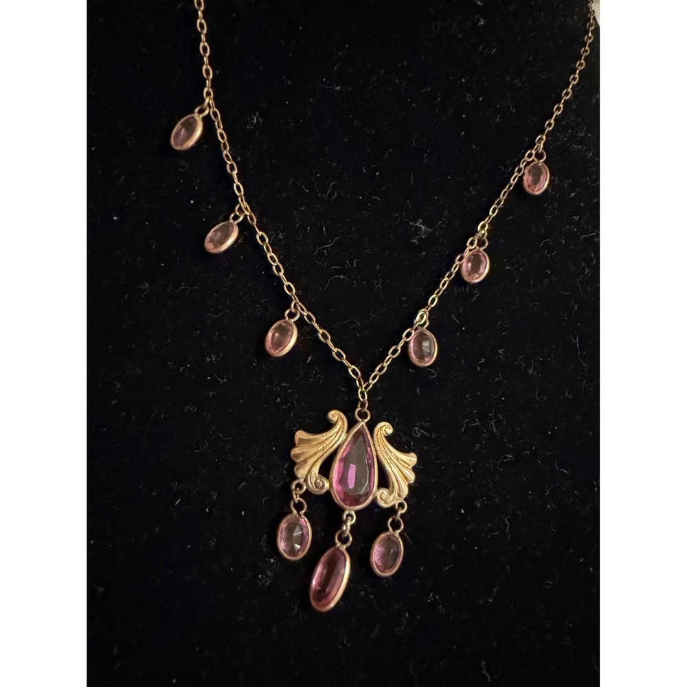 Art Nouveau Gold Filled Pink Stone Necklace